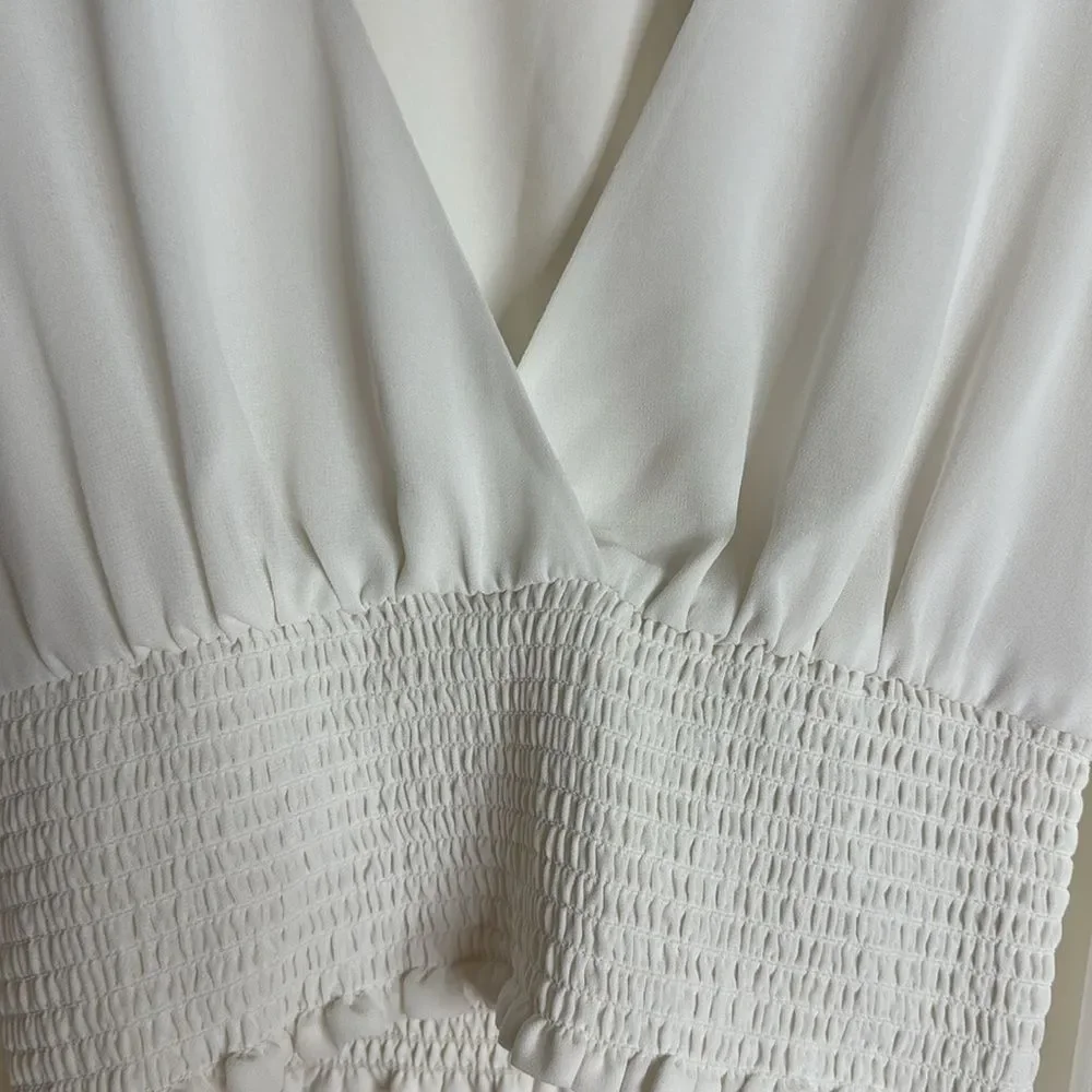 Wilfred Wistful white Blouse - Aritzia V neck‎ sheer sleeves smocked bodice M